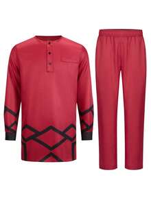 Men's Casual Long-Sleeved Two-Piece Suit, Mid-Length Top And Trousers - Màu Đỏ Sâu - Xem 2