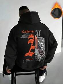 Men's Oversized LA-Themed Hooded Sweatshirt With California Lettering & LA Skyline Print - Loose Fit Pullover, Drawstring Hood, Long Sleeve Casual Sweater For Fall-Winter, Urban Streetwear,Fall Hoodies,Men's Fall Clothes,Street Wear,Halloween,Mens Hoodies,Y2k Clothes,Jesus Hoodie,Thanksgiving Day,Nightmare Before Christmas,Christmas - 黑色 - 查看 1