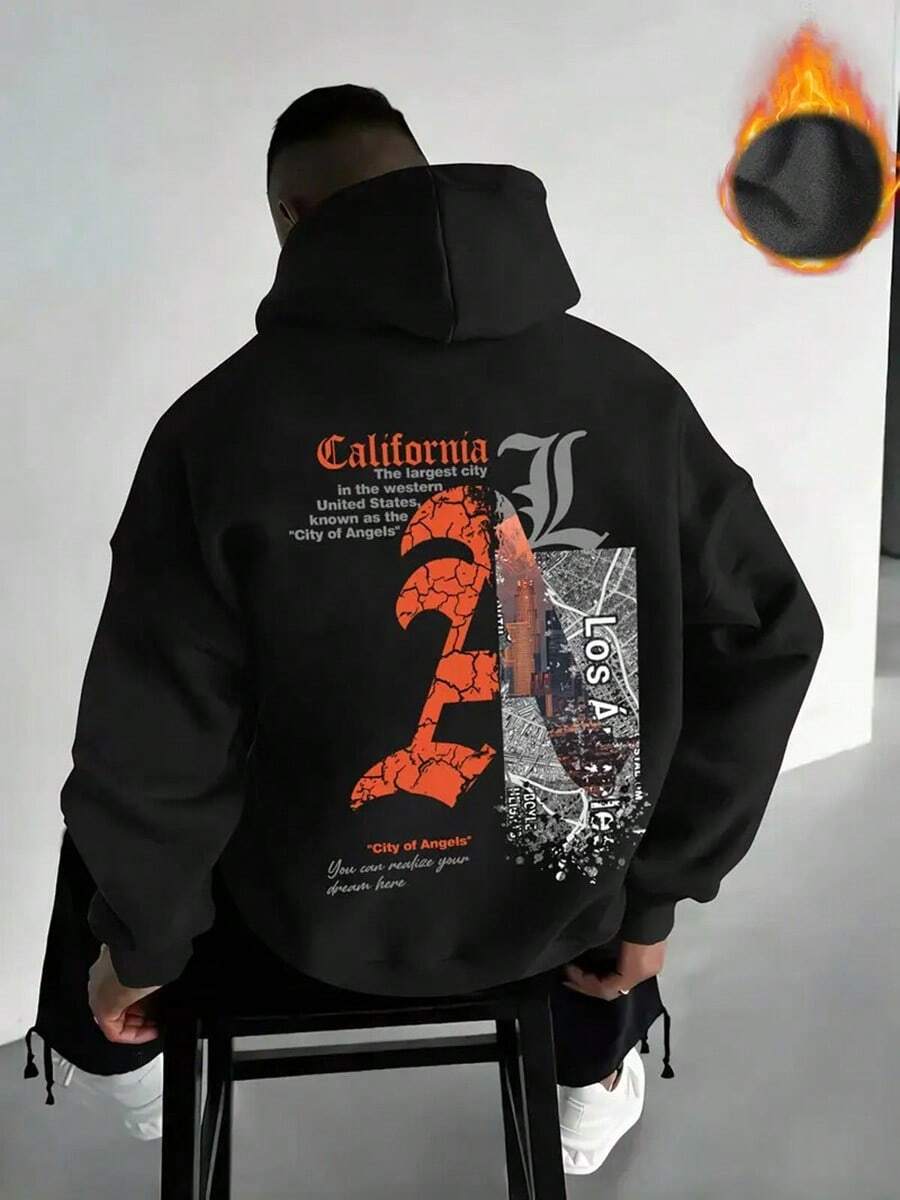 Men's Oversized LA-Themed Hooded Sweatshirt With California Lettering & LA Skyline Print - Loose Fit Pullover, Drawstring Hood, Long Sleeve Casual Sweater For Fall-Winter, Urban Streetwear,Fall Hoodies,Men's Fall Clothes,Street Wear,Halloween,Mens Hoodies,Y2k Clothes,Jesus Hoodie,Thanksgiving Day,Nightmare Before Christmas,Christmas - 黑色 - 查看 1