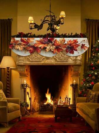 1 件圣诞装饰快乐壁炉围巾，适合感恩节和丰收节 - 秋季枫叶设计，涤纶桌旗，适合节日家居装饰，78.7 英寸 x 19.6 英寸