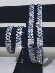 CVNANA 1 件 14 毫米翻蓋男女通用粗鏈項鍊嘻哈風格水晶鑲嵌手鍊 - 藍色 - 查看 6