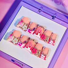 NailLuxe 10 PCS Handmade Duckbill Press - On Nails | SweetStarGlam With Acrylic Star Rhinestones, Swirl Patterns & Crystal Accents - Red and White - View 10
