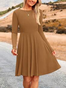 Women's Fall Short Dress Ribbed Knit Crewneck Long Sleeve A Line Flowy Casual Elegant Cute Going Out Dresses - 深卡其 - 查看 1