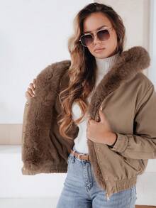 Women's Short Winter Jacket With Hood And Faux Fur Trim. Stylish And Warm Outerwear With Zipper And Snap Fastening, Elastic Waist And Cuffs, Practical Pockets, And A Fashionable Design Perfect For Winter And Everyday Urban Looks. - Beige - View 4