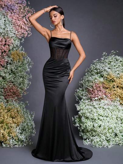 AOSHABABI Black Spaghetti Strap Mermaid Tail Hem Formal Gown Dress, Waist Rhinestone + Fishbone Stitching Design Accentuating Waistline, Backside Tie, Suitable For Formal Occasions, Music Festivals, Galas, Weddings, Parties, Graduations, Cocktail Events, Dates, Holidays, And Bridesmaid