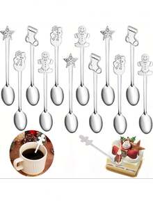 4 Stücke Weihnachts-Löffel-Set - Edelstahl kreative Weihnachts-Rührlöffel, Kaffee-Löffel, Tee-Löffel, Suppen-Löffel, Dessert-Löffel, Edelstahl Kaffee-Löffel, Eislöffel, zum Umrühren von Getränken, Milchshakes, Marmeladen, 4 Stile (Silber)
