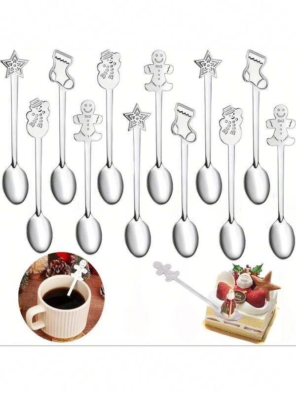 4 Stücke Weihnachts-Löffel-Set - Edelstahl kreative Weihnachts-Rührlöffel, Kaffee-Löffel, Tee-Löffel, Suppen-Löffel, Dessert-Löffel, Edelstahl Kaffee-Löffel, Eislöffel, zum Umrühren von Getränken, Milchshakes, Marmeladen, 4 Stile (Silber)