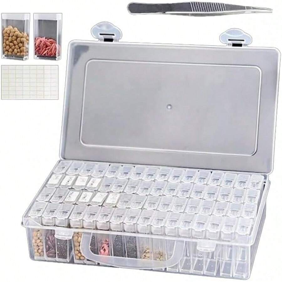Caja Compartimentos Plastico, 64 Compartimentos Transparente Organizadoríble Caja de Almacenamiento con Pegatinas y Pinzas para Semillas Joyas Painting Accesorios - 1 - Ver 1