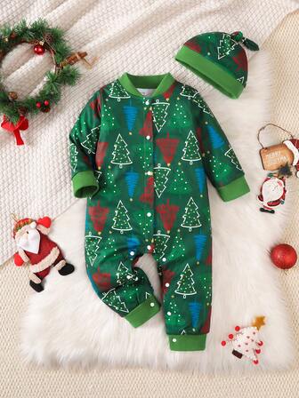 2pcs Newborn Baby Unisex Casual Cute Christmas Tree Print Green Velvet Jumpsuit With Hat, Outdoor Christmas Outfit, Autumn/Winter 2025 New Arrival