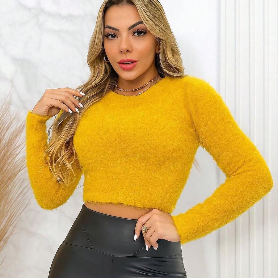 Women's Furry Crop Top - Mustard Yellow - View 1