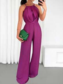 女士时尚纯色结饰无袖连身裤，夏季轻盈透气宽松连体裤，优雅夏季和圣帕特里克节服装