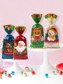 100pcs Christmas Gift Bags With Gold Jute Rope, Patterns Include Santa Claus, Snowman, Reindeer, Gingerbread Man, Plastic Material, Suitable For Christmas Party Gift Packaging, Christmas Decoration, Christmas Small Gift Bags, Christmas Candy Bags, Christmas Eve Gift Packaging, Winter Decoration, Christmas Room Decoration, Christmas Home Decor, 2026 New Year Decoration, Christmas Decoration, Party Favors. - Christmas Mix - View 3