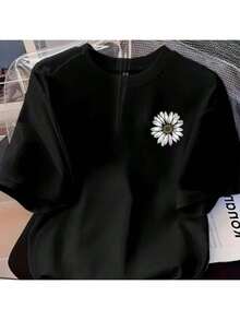 Women's Daisy T-Shirt, 100% Cotton Blouse, Premium Mesh, Short Sleeve, Round Neck Shirt - 黑色 - 查看 1