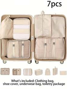 7-11件旅行收纳套装，包括防水洗漱包、化妆包、内衣袋、鞋袋、内衣和袜子收纳袋、防水压缩袋、可折叠衣物收纳袋，适用于行李、旅行、夏季收纳