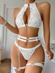Halter Heart Ring Cutout Chain Floral Lace Sheer Garter Belt Lingerie Set 3 Piece - 白色 - 查看 3