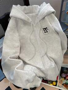 Cute Cat Pattern Printed Jacket, Women's Casual Hooded Jacket, Fashionable Hat Rope Hooded Jacket, Women's Comfortable Hooded Jacket, Casual Everyday Women's Jacket, Women's Clothing, Casual And Versatile,Jackets For Women,Cardigan Women,Long Sleeve Top,Long Sleeve Tops For Women,Autumn Outfits Women,Winter Clothes,Going Out Tops Women