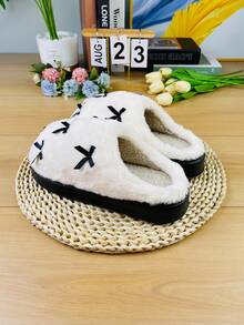 Chinelos Térmicos Femininos, Novos Sapatos de Maternidade Quentes e Antiderrapantes, Design Fofo com Laço, Uso Doméstico Interno, Inverno, Sapatos Peludos