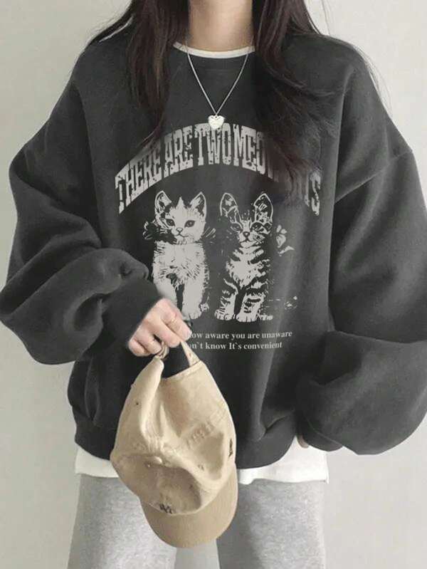 Women's Casual Loose Fit Cotton Sweatshirt With Japanese Letter & Cartoon Print, Versatile For Autumn/Winter