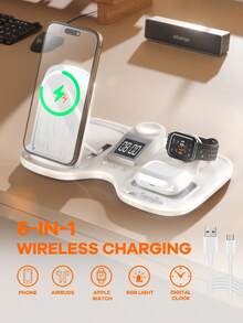 REMAX Upgraded Wireless Fast Charger, Desktop Accessories, Wireless Fast Charging For Multiple Device Women Watch/Man Watch/Phone/Earphone/Earbuds/, With Wireless Speaker, Adjustable Height Phone Holder, Adjustable RGB Ambient Light,Electronic Clock, Black/White, Office Desktop