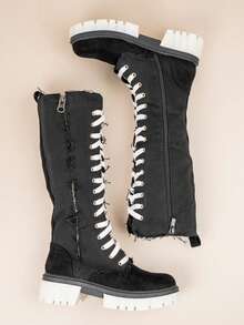 Winter Lace Up Knee High Boots With Chunky Outsole - Black - View 5