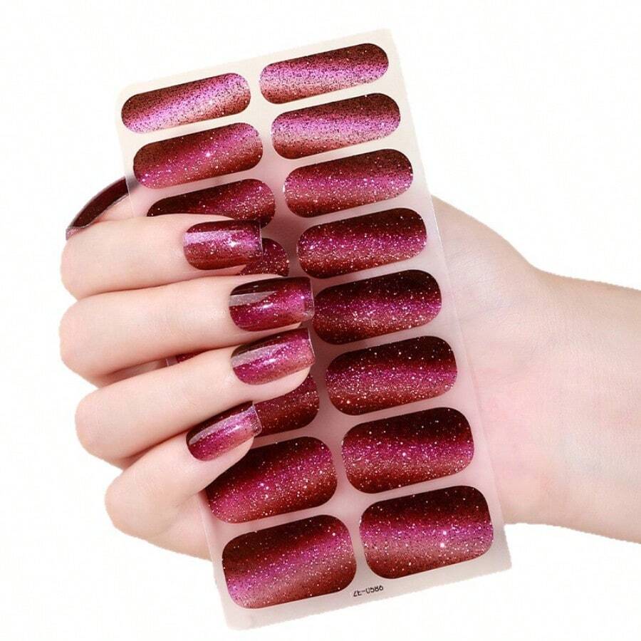 Red Glitter Cat Eye Press-On Nails, Chrome Magnetic Nail Strips With Sparkle Powder, DIY False Nails For Women, Long-Lasting Manicure Kits