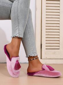 女士手工缝制流苏装饰奢华天鹅绒保暖卧室拖鞋，防滑 TPR 鞋底，包头优雅女士拖鞋，秋冬舒适鞋 - 藕粉色 - 查看 6