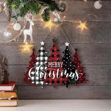 1 pièce Panneau décoratif d'arbre de Noël joyeux, décoration en bois à carreaux buffalo pour ferme, plaque suspendue pour porche, Noël extérieur, décoration de fête de Noël à la maison