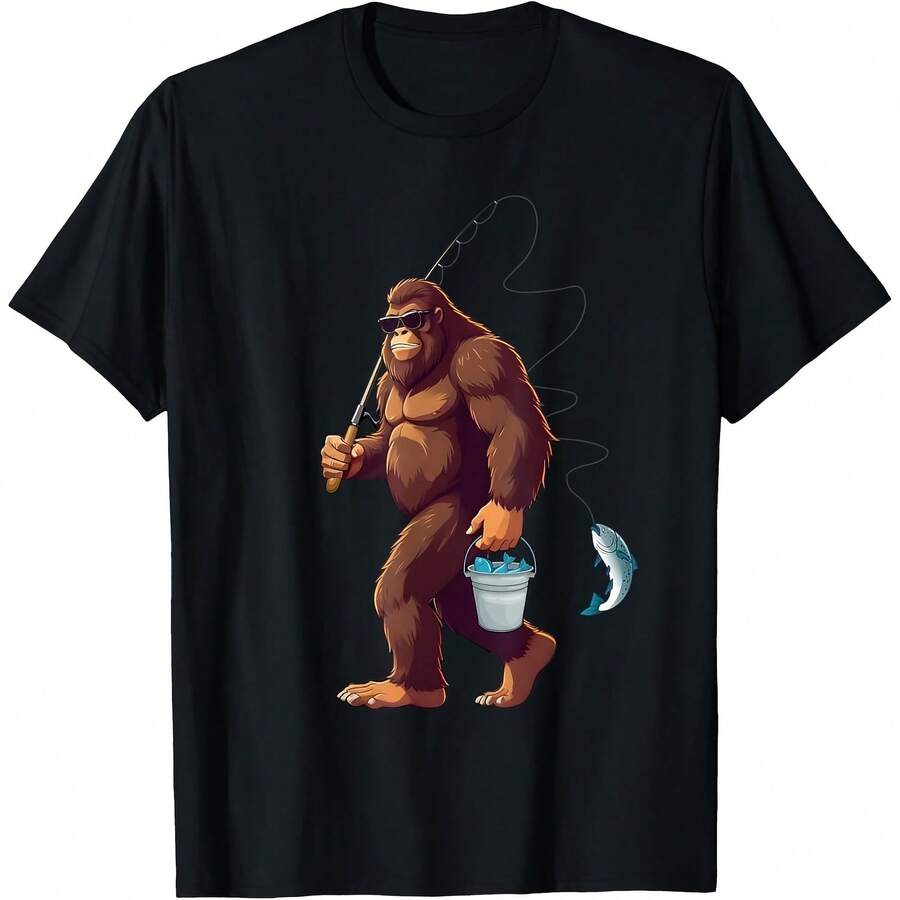Bigfoot Fishing Funny Retro Sasquatch Fisherman Dad Kids T-Shirt - 黑色6 - 查看 1