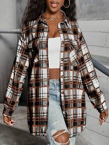 Plus Size Women's Plaid Shirt, Lightweight Jacket Shirt, Y2K Back To School Celebration Casual Commute Plaid Front Button Shirt, Casual Long Sleeve Lapel Versatile Shirt, Suitable For Daily Casual, Outdoor, Vacation Wear, All Season - Black - View 4