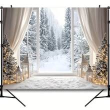 1pc Fashion Wavy Background, Winter Fairy Tale Background With Pine Forest And Candles, Multipurpose Holiday Decor, Rectangular Shape, No Electricity Required Christmas Happy Photo Booth Backdrop - Indoor/Outdoor Multipurpose Party & Event Decoration - Polyester, No Electricity, Ideal For Christmas Decoration - White - View 5