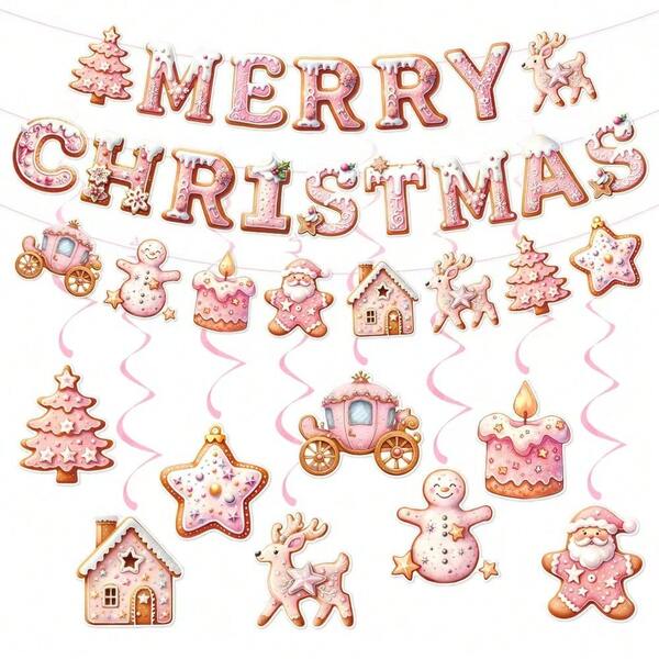 Conjunto de bandera navideña rosa y decoraciones colgantes en espiral, guirnalda de letras "Feliz Navidad" con adornos de pan de jengibre y serpentinas en espiral para decoración de techo de fiesta navideña