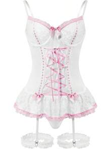 Sheer Mesh Corset Lace-Up Garter Belt Babydoll Lingerie Set - White Pink - View 11