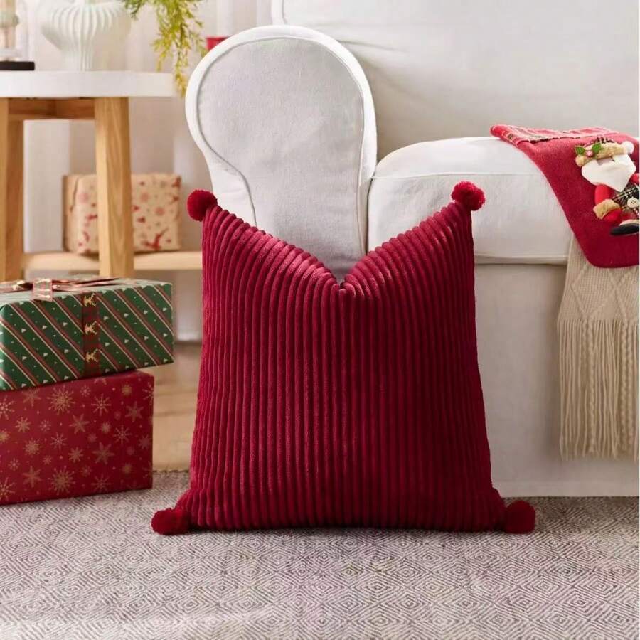 1pc (Without Pillow Insert) Valentine's Day Red Decorative Throw Pillow Cover, Valentine's Gift Decor, Home Decoration Red Fuzzy Ball Striped Soft Sofa Cushion Cover, Bedding Pillow With Zipper Closure Striped Pillow Sham - Large Red, Machine Washable, Suitable For Sofa And Home Decor - Red - View 1