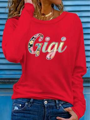 2025  Main Promotion Creative Color-Block Letter GIGI Pattern Printed T-Shirt, Women's Casual, Vacation, Long Sleeve Round Neck, Spring Summer, Machine Washable Polyester, New Women's Fashion, Versatile For Streetwear, Sports 2025