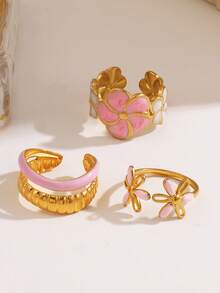 3 件套不锈钢简约 18K 镀金粉色珐琅花戒指，适合女性日常佩戴 - 彩色 - 查看 4