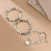 3pcs Elegant Silver Beaded Punk Lock Bracelet Set