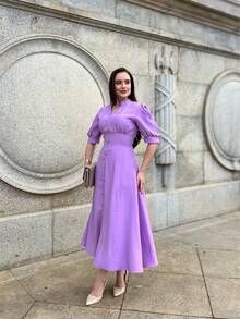 MARRANT PLAIN MIDI DRESS Simple Button Contrasted Waist WOMEN'S SUMMER FASHION - tử đinh hương - Xem 6