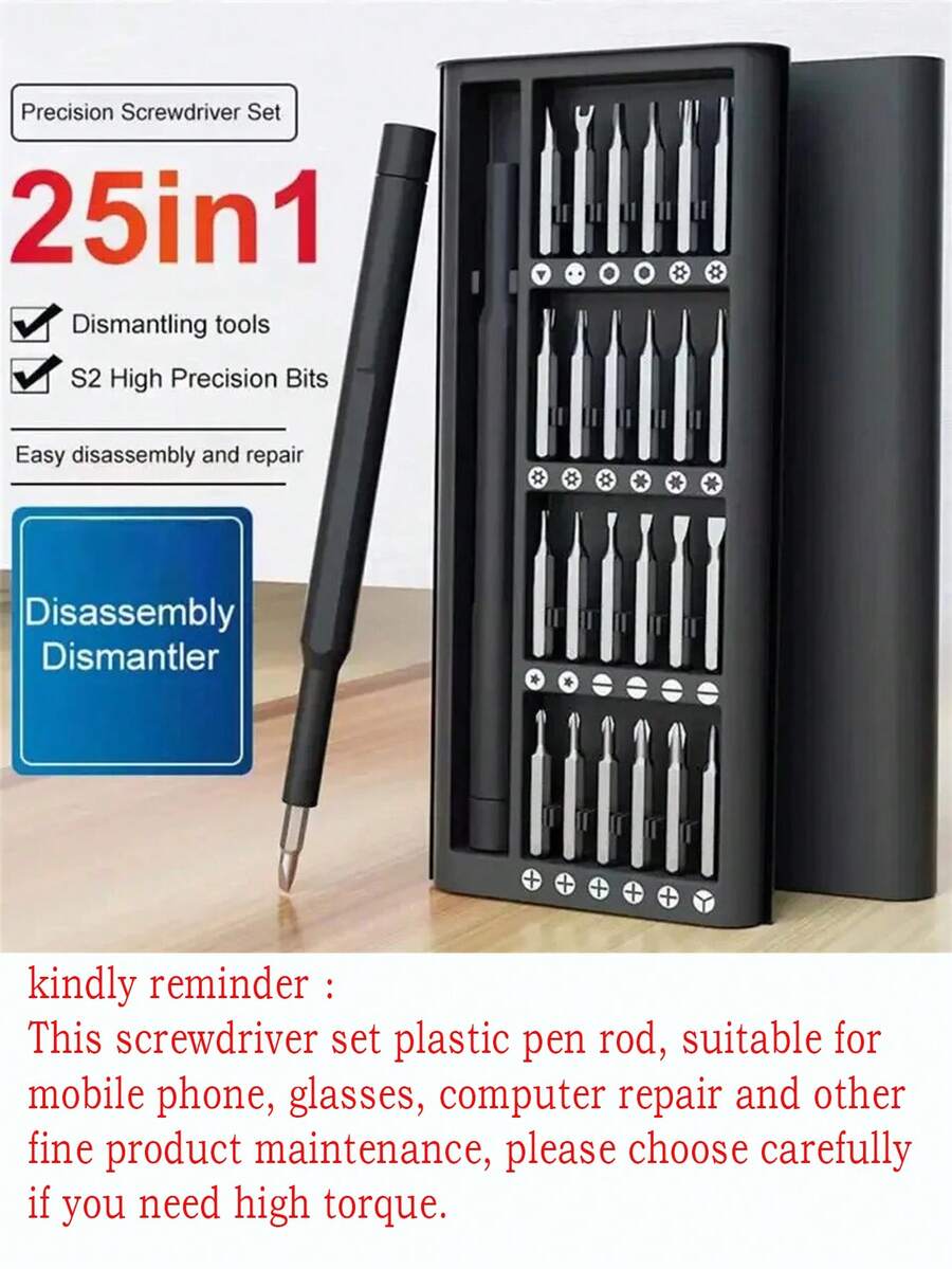 25-In-1 Screwdriver Set, Professional Precision Repair & Disassembly Tools For Phones And Laptops, Universal Multi-Function Household Screwdriver Tool For Cleaning Dust - Black - View 1