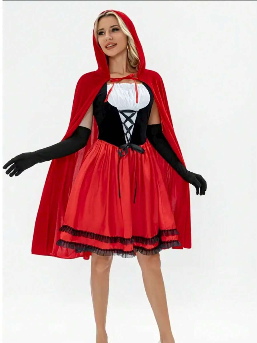 1件派对小红帽斗篷，红色仙女公主长袍服装，适合各种节日场合和角色扮演，圣诞节服装 - 紅色 - 查看 1