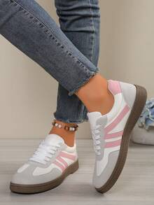 Zapatos Y2K, Zapatos deportivos casuales de mujer de suela blanda y antideslizante, de patchwork blanco y rosa, ligeros, zapatillas de skate para estudiantes, nuevos zapatos casuales y versátiles para exteriores con cordones a rayas y puntera redonda, zapatillas deportivas rosas, zapatillas chunky