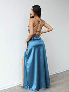 1 pieza Elegante y sexy vestido de satén de unicolor para fiesta con espalda descubierta, abertura alta asimétrica, lazo, recorte y espalda con abertura y cordón, adecuado para boda, fiesta de noche, gala formal, actuación en el escenario, baile de graduación, fiesta de cumpleaños, vacaciones, primavera/verano/otoño