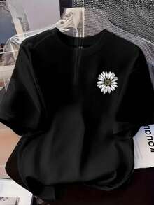 Women's Daisy T-Shirt, 100% Cotton Blouse, Premium Mesh, Short Sleeve, Round Neck Shirt - 黑色 - 查看 2
