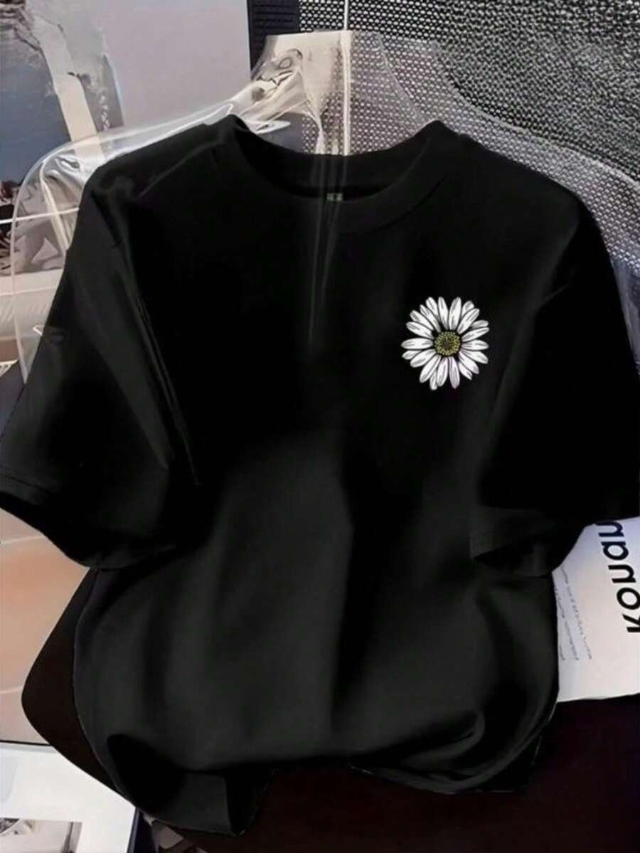 Women's Daisy T-Shirt, 100% Cotton Blouse, Premium Mesh, Short Sleeve, Round Neck Shirt - màu đen - Xem 1