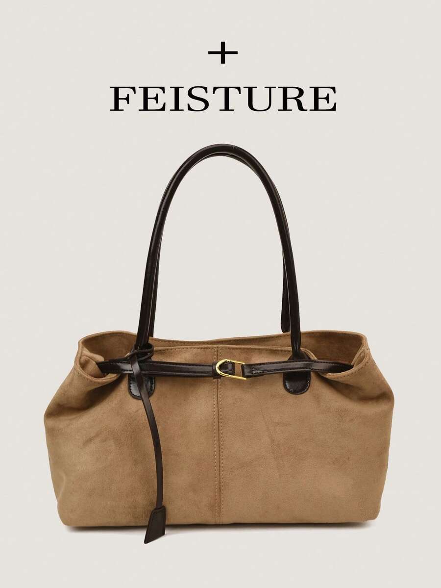1pc Faux Suede Fashion Color Block Handbag, Strap Decor Shoulder Bag, Magnetic Closure, Suitable For Daily Outing, Dating, Commuting