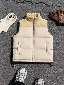 Autumn And Winter Outerwear Splicing Thickened Vest For Men 2025 New Model Tank Top, Horse Clip Thickened Plush Coat, Fall Outfits, Winter Outfits,Stand Collar Youth Vest Warm Slim Cotton Jacket, For Friends, Husband, Boyfriend Gifts - Khaki - View 3