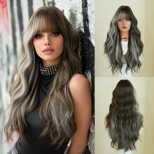 AKAKO Long Wave Brown & Gray Highlight Cosplay Wigs For Women Synthetic Wavy Wigs With Bangs, Natural Looking Heat-Resistant Fiber Fake Hair, Gothic Style Fashion Costume Wig For Halloween Party Masquerade Ball,Music Festivals & Carnival Use 26 Inch