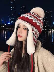 1pc Women's Autumn And Winter Big Head Circumference Plush Hanging Ball Cold Hat, With Thick Plush And Cute Ear Protection Color Blocked Knitted Hat
