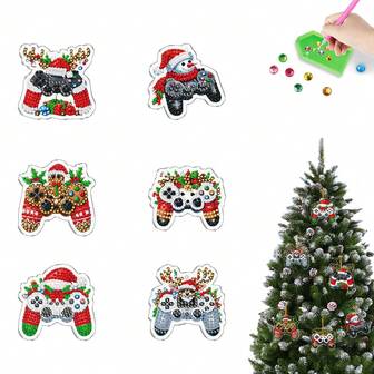 6 st/set söt julfirande spelkontroll diamantkonst nyckelring, 5D DIY hantverkskit för nybörjare, akryl strass hänge för väskor och accessoarer, perfekt presentidé, runt diamantmålningskit julklapp