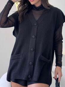 Women's Knit Set Shorts And Maxi Vest With Buttons Shirt Blouse Women's Fashion Summer Comfortable New 2025 - 黑色 - 查看 1