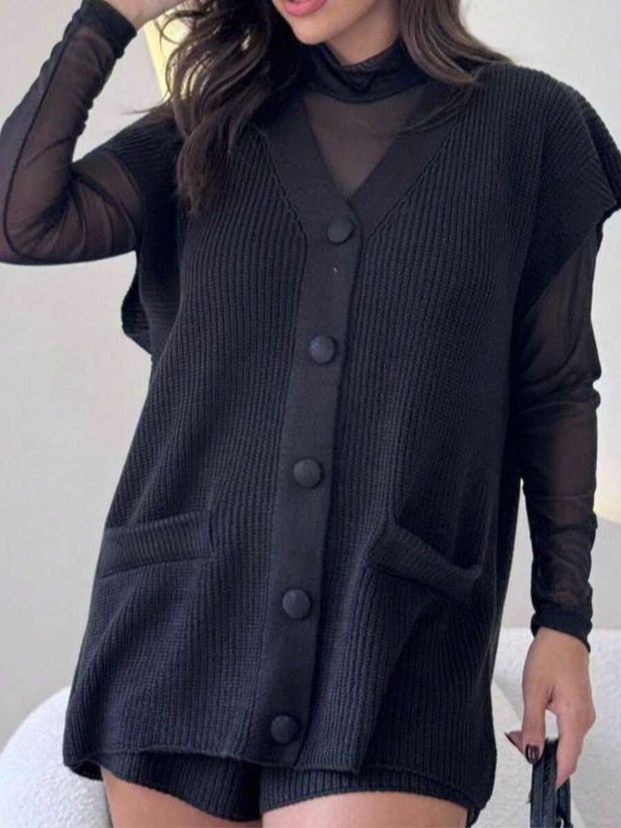 Women's Knit Set Shorts And Maxi Vest With Buttons Shirt Blouse Women's Fashion Summer Comfortable New 2025 - 黑色 - 查看 1